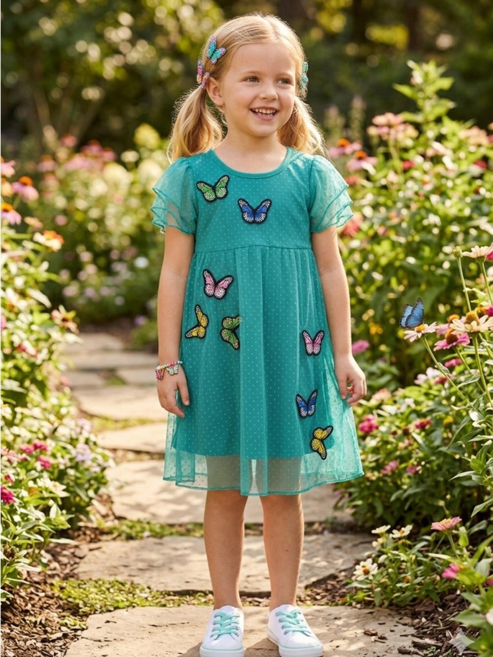 Teal Girls Dress with Butterfly 🦋 Appliqués Size 6